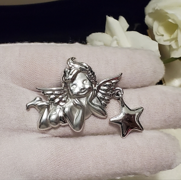 ❗️3/30$ Cute Vintage Brooch SIGNED A.J.C. Angel With Star ~ Brooch Silver Tone - Picture 5 of 5